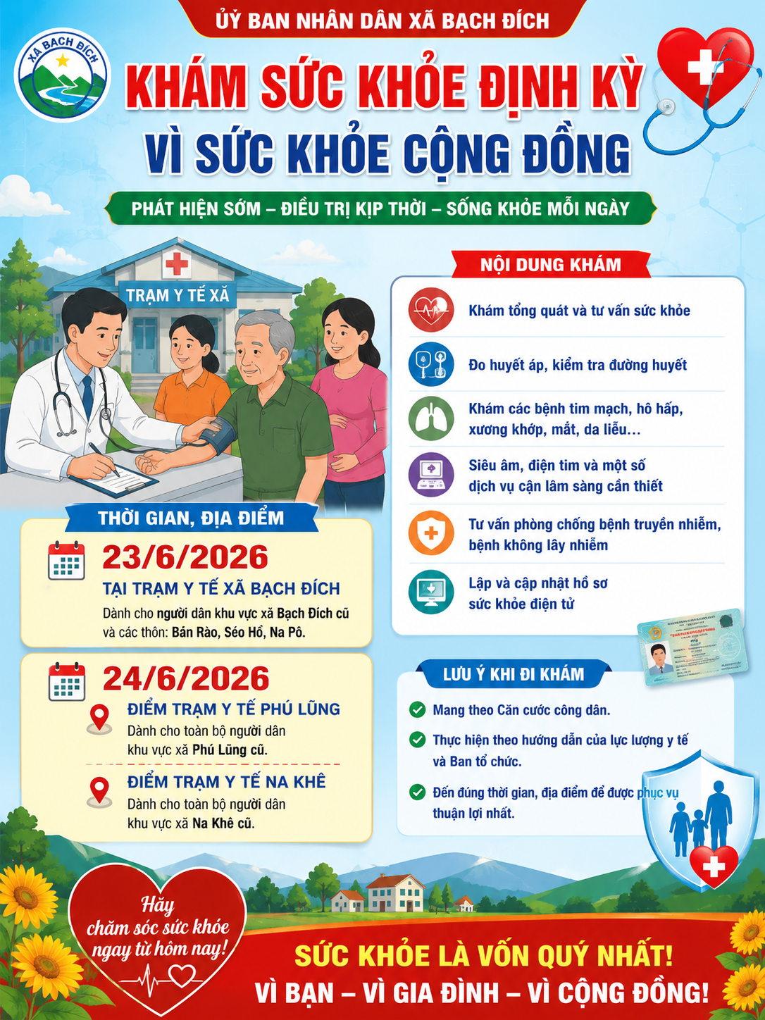 THÔNG BÁO TỔ CHỨC KHÁM SỨC KHỎE ĐỊNH KỲ CHO NHÂN DÂN XÃ BẠCH ĐÍCH NĂM 2026 
