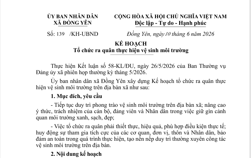 Số:139/KH-UBND   KẾ HOẠCH  Tổ chức ra quân thực hiện vệ sinh môi trường