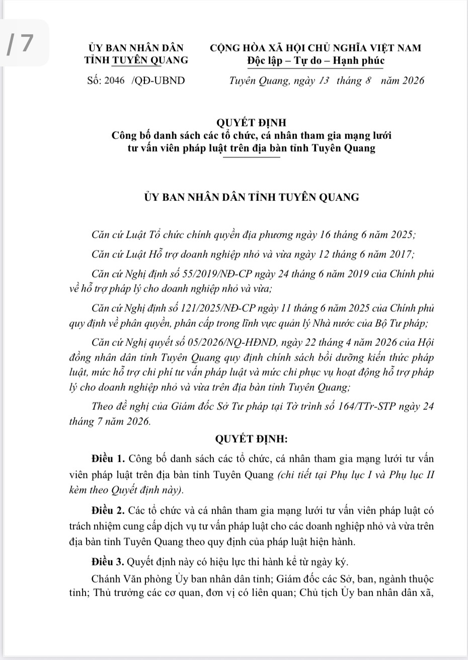 QUYẾT ĐỊNH Công bố danh sách các tổ chức, cá nhân tham gia mạng lưới tư vấn viên pháp luật trên địa bàn tỉnh Tuyên Quang
