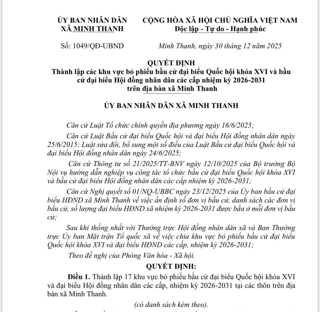 UBND xã Minh Thanh có Quyết định thành lập 17 khu vực bỏ phiếu bầu cử đại biểu Quốc hội khoá XVI và bầu cử đại biểu HĐND các cấp, nhiệm kỳ 2026 - 2031