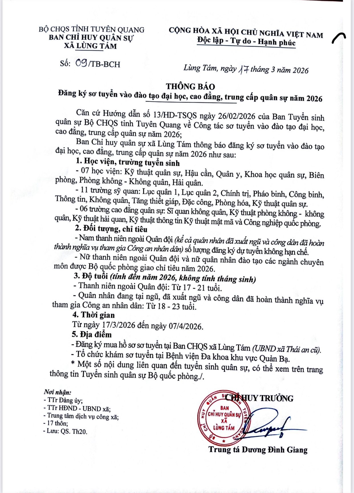 THÔNG BÁO ĐĂNG KÝ SƠ TUYỂN VÀO ĐÀO TẠO ĐẠI HỌC, CAO ĐẲNG, TRUNG CẤP QUÂN SỰ NĂM 2026 CỦA BAN TUYỂN SINH QUÂN SỰ XÃ LÙNG TÁM