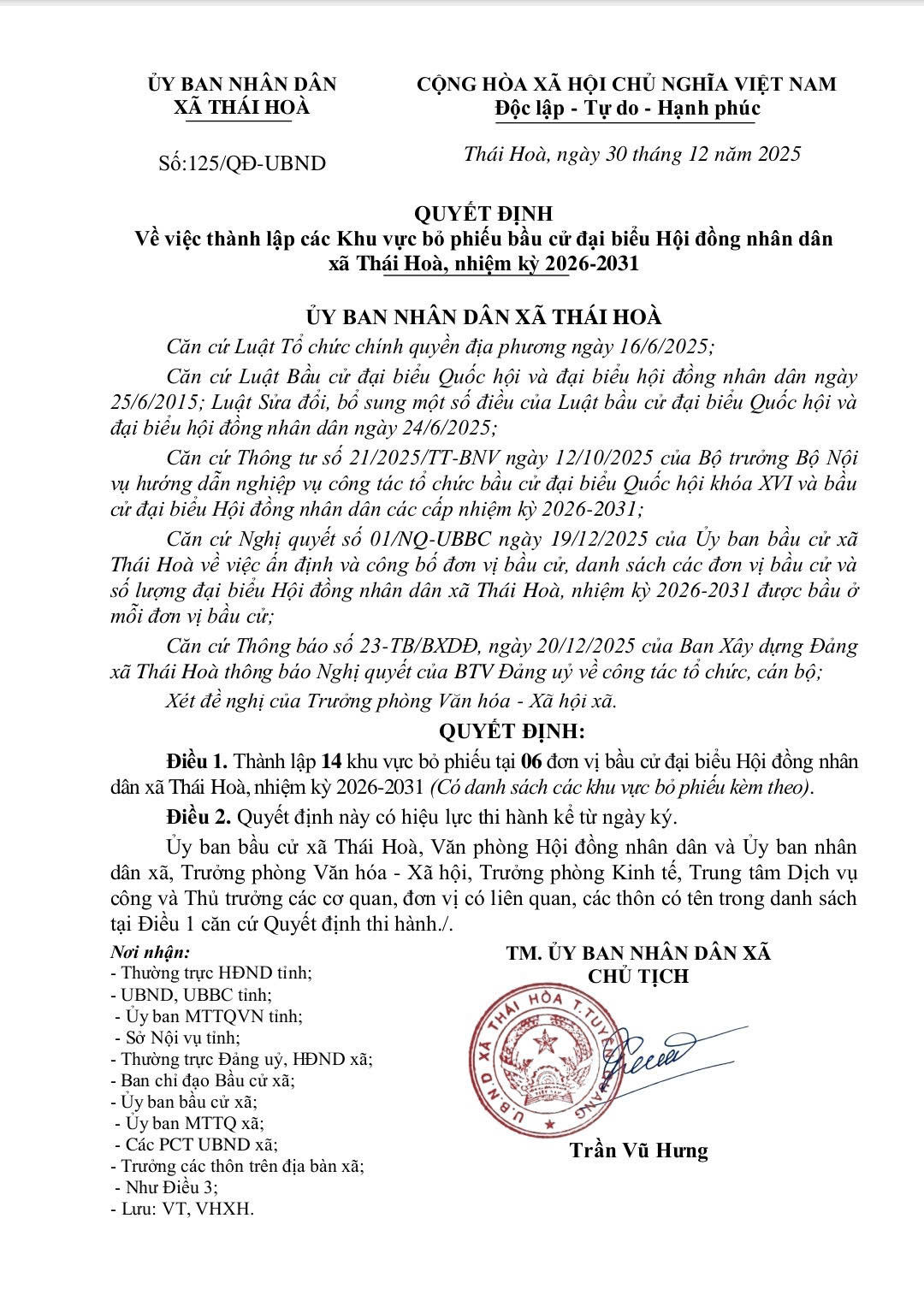 Quyết định: Về việc thành lập các Khu vực bỏ phiếu bầu cử đại biểu Hội đồng nhân dân xã Thái Hoà, nhiệm kỳ 2026-2031