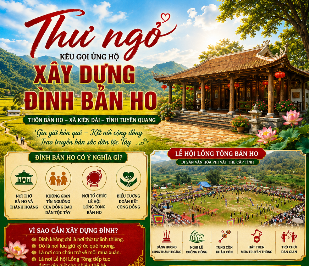 Thư ngỏ - Vận động ủng hộ xây dựng Đình Bản Ho thôn Bản Ho, xã Kiên Đài, tỉnh Tuyên Quang