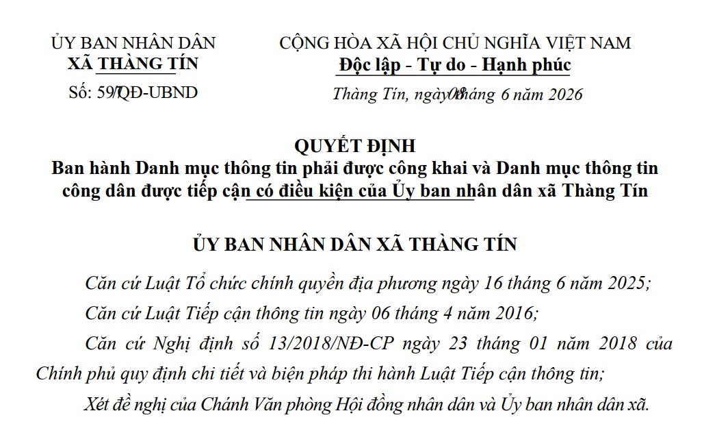 Quyết định ban hành Danh mục thông tin phải được công khai và Danh mục thông tin công dân được tiếp cận có điều kiện của UBND xã Thàng Tín năm 2026