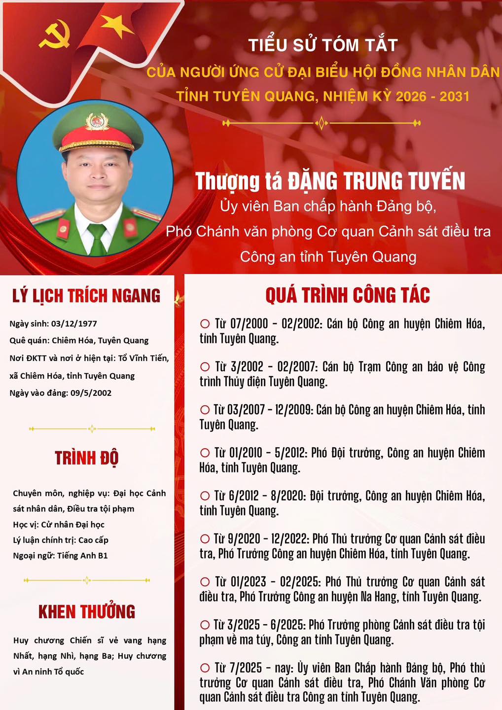 Công an tỉnh Tuyên Quang trân trọng giới thiệu đồng chí Thượng tá Đặng Trung Tuyến, Uỷ viên Ban Chấp hành Đảng bộ, Phó Chánh Văn phòng Cơ quan Cảnh sát điều tra, Công an tỉnh ứng cử đại biểu HĐND tỉnh Tuyên Quang, nhiệm kỳ 2026 - 2031.