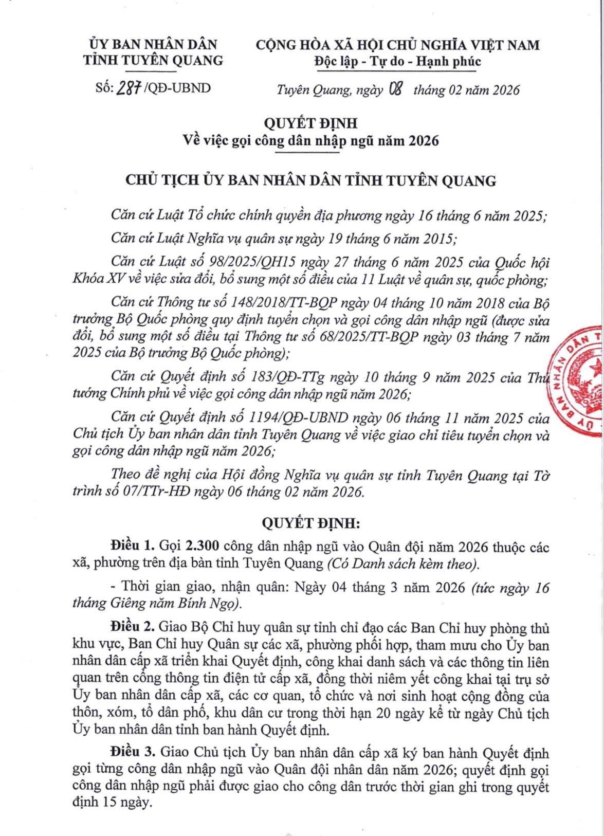 Quyết định về việc gọi công dân nhập ngũ năm 2026