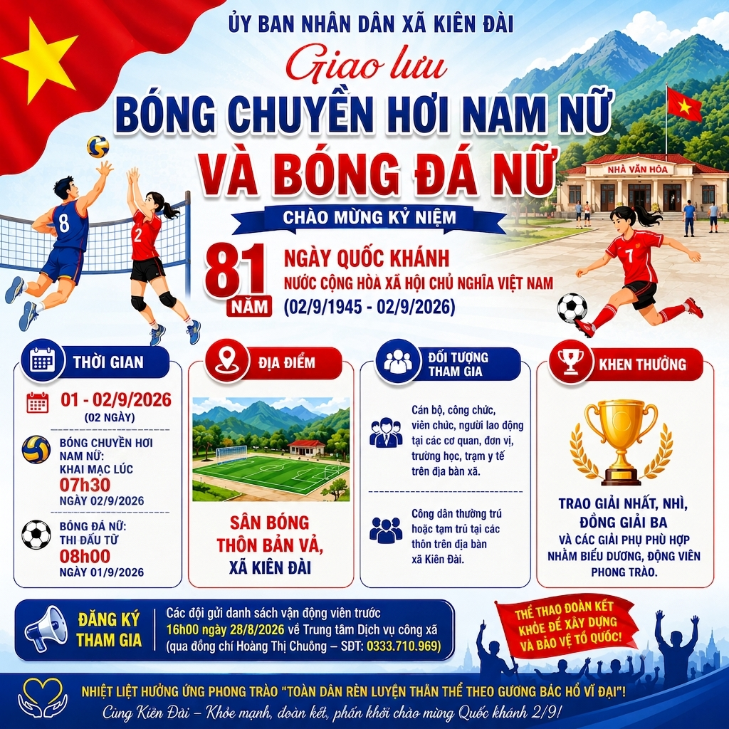 Kiên Đài ban hành Kế hoạch tổ chức Giao lưu bóng chuyền hơi nam nữ và bóng đá nữ Chào mừng Quốc khánh mùng 02/9