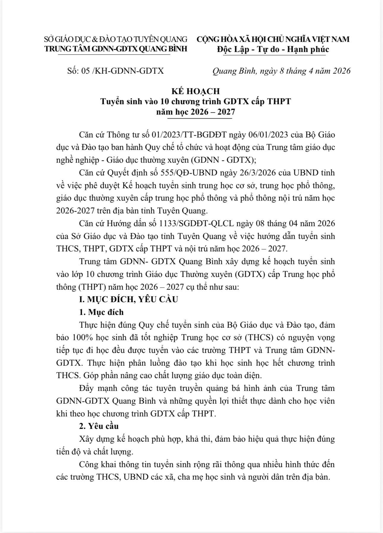KẾ HOẠCH Tuyển sinh vào 10 chương trình GDTX cấp THPT năm học 2026 - 2027