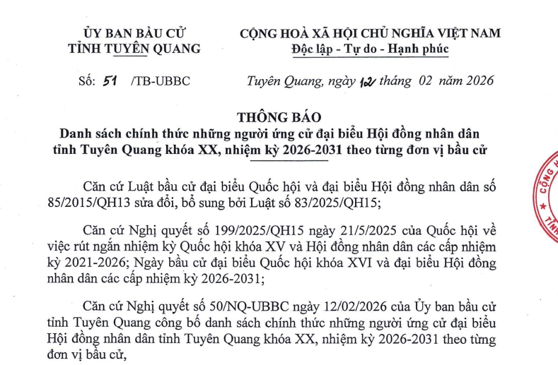 Công bố danh sách chính thức những người ứng cử đại biểu HĐND tỉnh Tuyên Quang khóa XX, nhiệm kỳ 2026-2031 theo từng đơn vị
