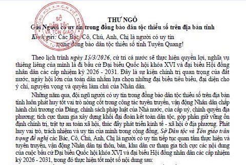 THƯ NGỎ GỬI NGƯỜI CÓ UY TÍN TRONG ĐỒNG BÀO DÂN TỘC THIỂU SỐ TRÊN ĐỊA BÀN TỈNH
