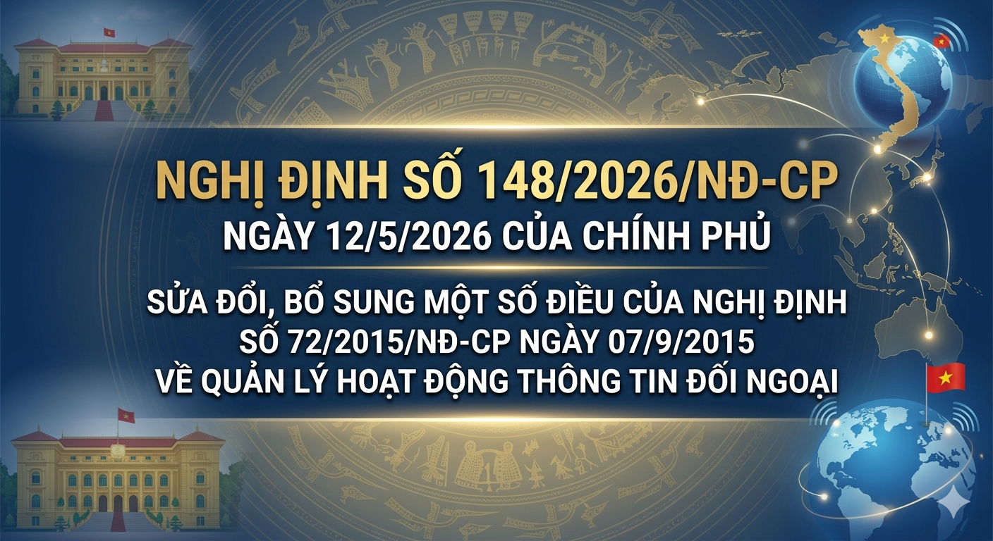 Nghị định số 148/2026/NĐ-CP ngày 12/5/2026 của Chính phủ về sửa đổi, bổ sung một số điều của Nghị định số 72/2015/NĐ-CP ngày 07/9/2015 của Chính phủ về quản lý hoạt động thông tin đối ngoại