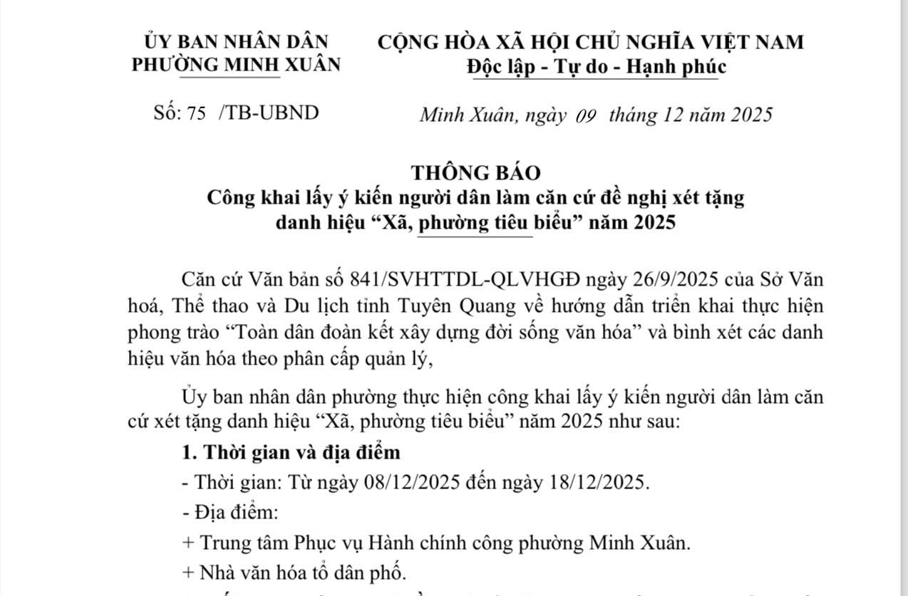 Thông báo số 75/TB- UBND ngày 09 tháng 12 năm 2025