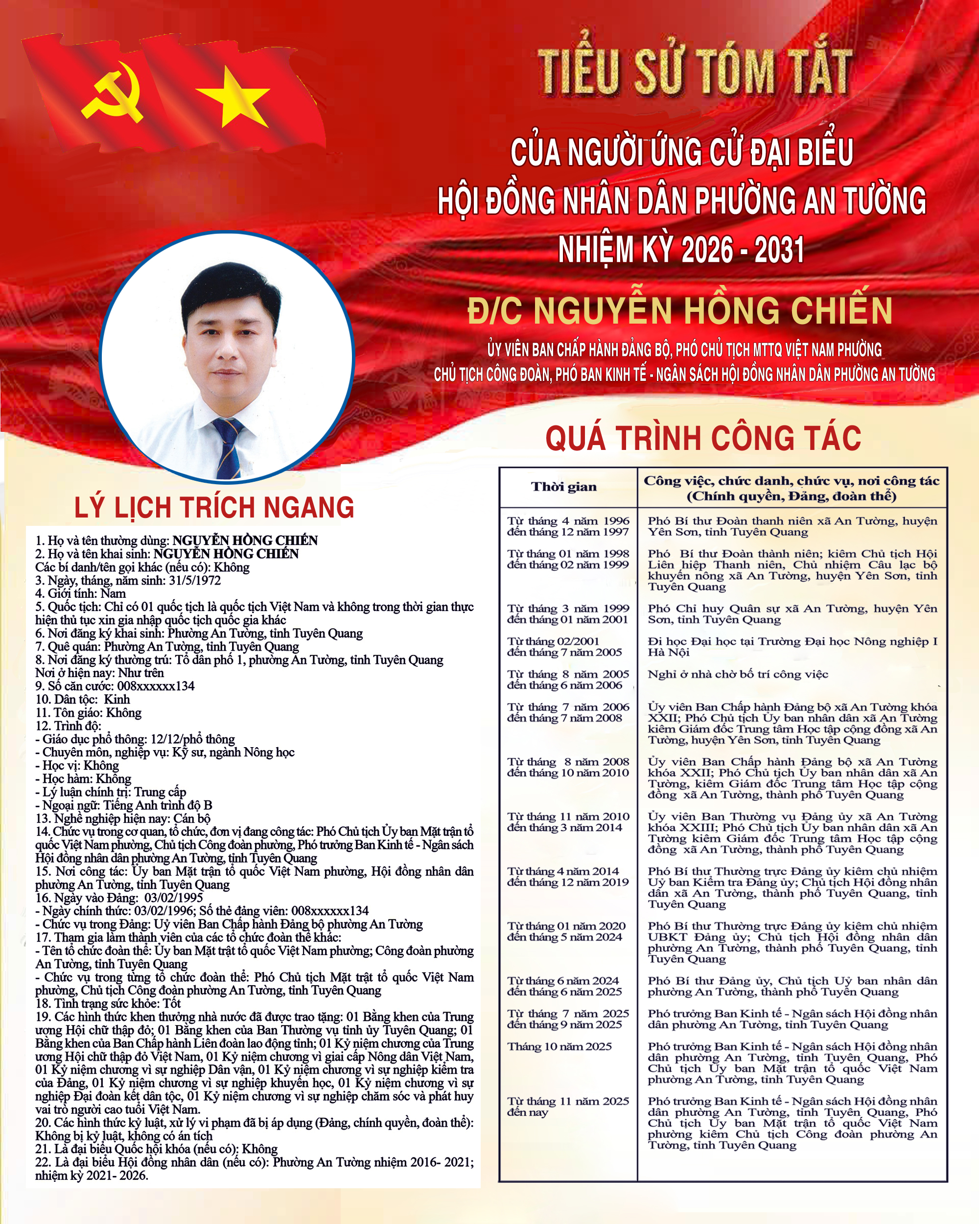TIỂU SỬ TÓM TẮT NHỮNG NGƯỜI ỨNG CỬ ĐẠI BIỂU HĐND PHƯỜNG AN TƯỜNG KHÓA XX, NHIỆM KỲ 2026 - 2031 TẠI ĐƠN VỊ BẦU CỬ SỐ 3