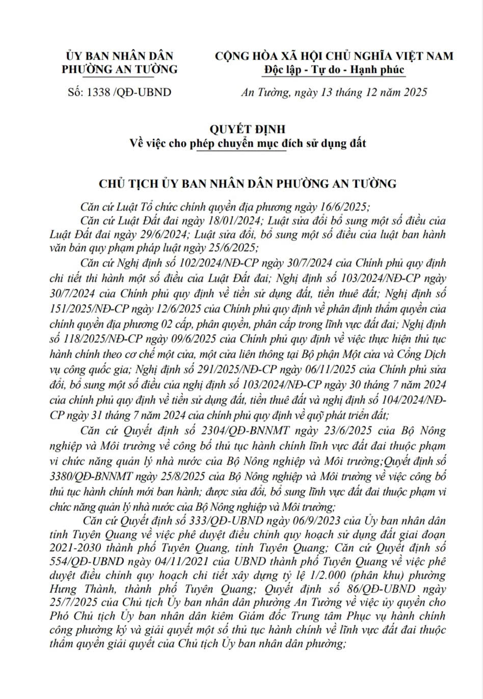 UBND phường An Tường ban hành các Quyết định về việc cho phép chuyển mục đích sử dụng đất