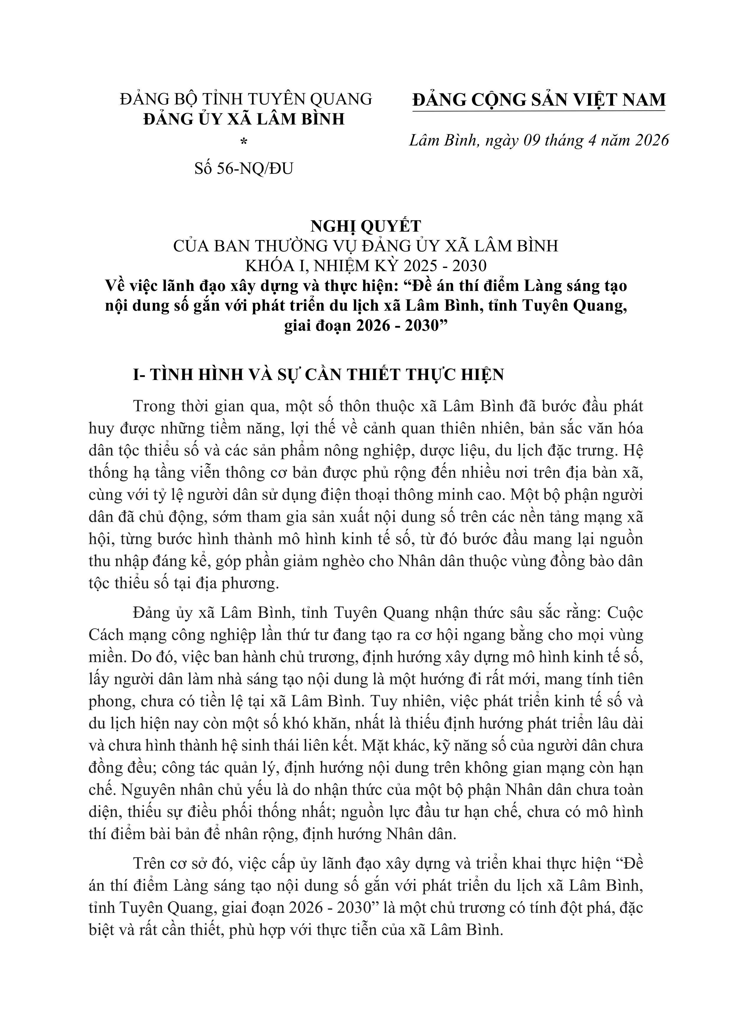 NGHỊ QUYẾT CỦA BAN THƯỜNG VỤ ĐẢNG ỦY XÃ LÂM BÌNH KHÓA I, NHIỆM KỲ 2025 - 2030