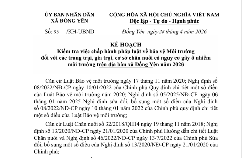 Số: 95 /KH-UBND  KẾ HOẠCH  Kiểm tra việc chấp hành pháp luật về bảo vệ Môi trường   đối với các trang trại, gia trại, cơ sở chăn nuôi có nguy cơ gây ô nhiễm   môi trường trên địa bàn xã Đồng Yên năm 2026 
