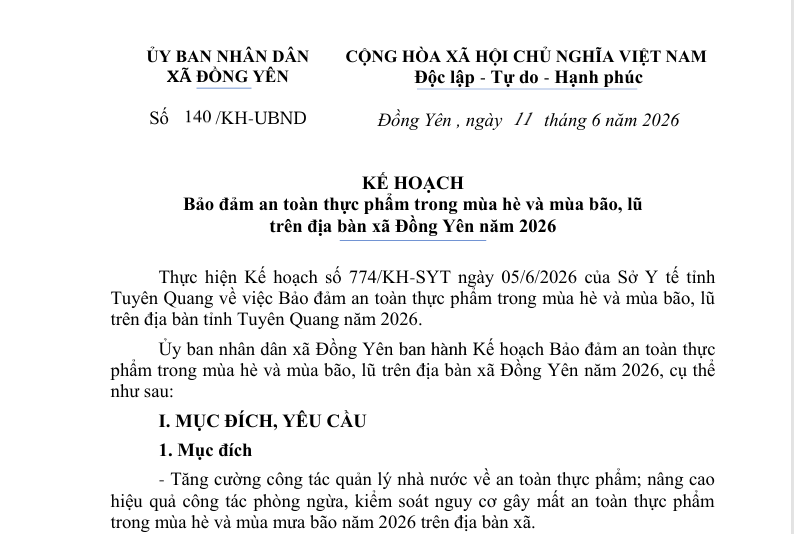 Số 140/KH-UBND KẾ HOẠCH   Bảo đảm an toàn thực phẩm trong mùa hè và mùa bão, lũ   trên địa bàn xã Đồng Yên năm 2026  