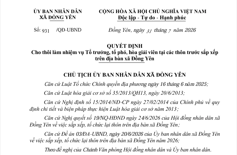 Số: 931/QĐ-UBND  QUYẾT ĐỊNH  Cho thôi làm nhiệm vụ Tổ trưởng, tổ phó, hòa giải viên tại các thôn trước sắp xếp  trên địa bàn xã Đồng Yên 