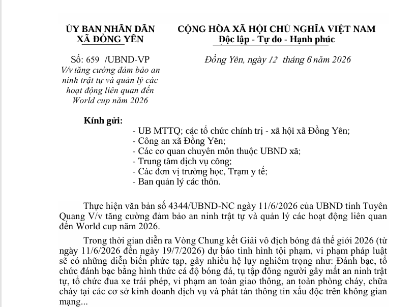Số: 659/UBND-VP  V/v tăng cường đảm bảo an  ninh trật tự và quản lý các  hoạt động liên quan đến  World cup năm 2026
