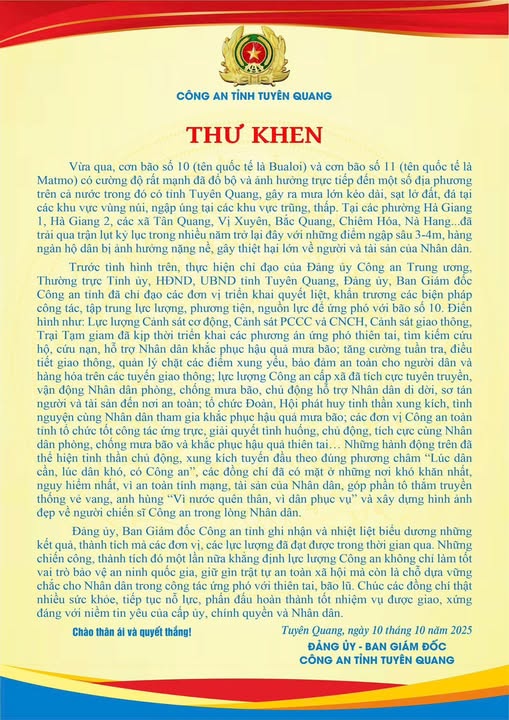 THƯ KHEN CỦA CÔNG AN TỈNH TUYÊN QUANG