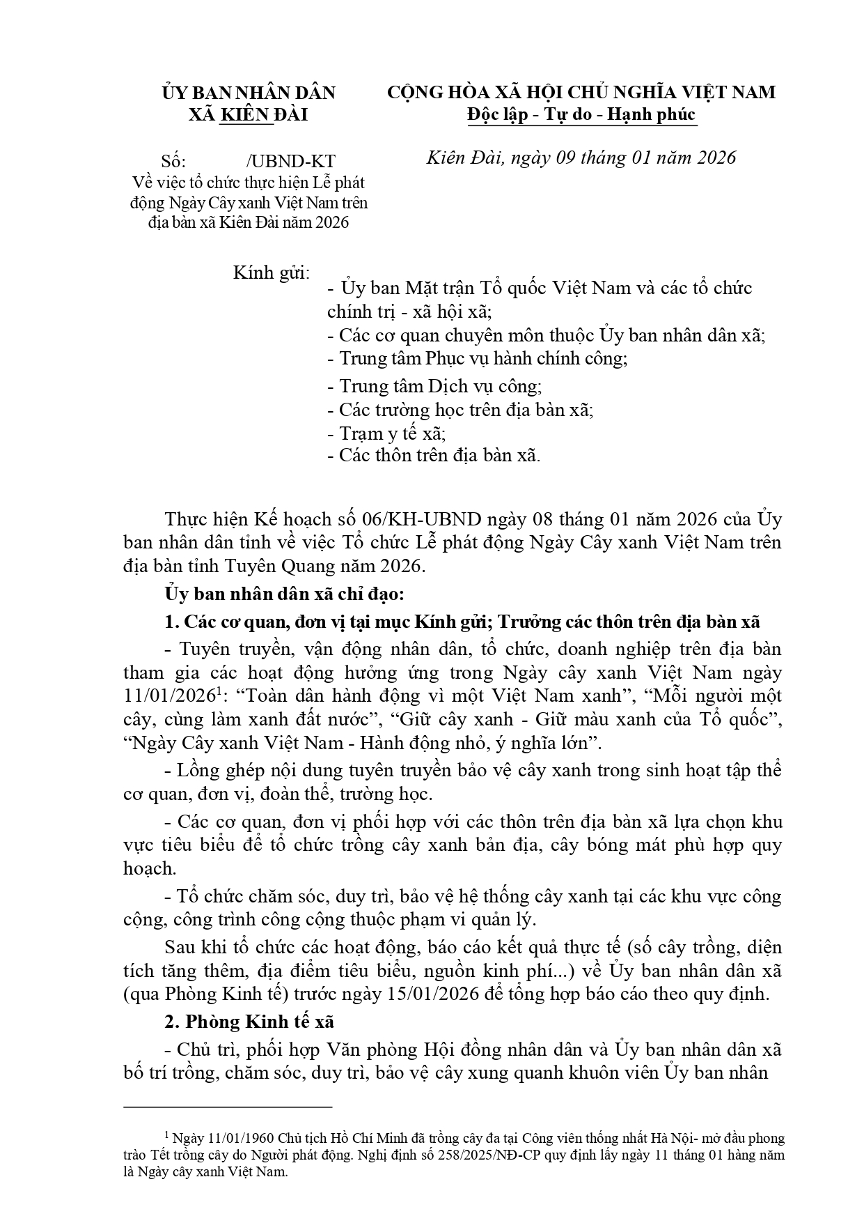 Về việc tổ chức thực hiện Lễ phát động Ngày Cây xanh Việt Nam trên địa bàn xã Kiên Đài năm 2026