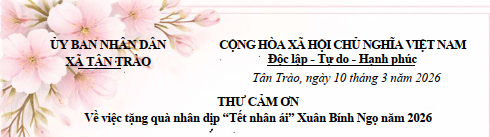 Thư cảm ơn về việc tặng quà nhân dịp "Tết nhân ái" Xuân Bính Ngọ năm 2026