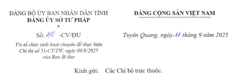 tổ chức sinh hoạt chuyên đề thực hiện Chỉ thị số 51-CT/TW, ngày 08/8/2025 của Ban Bí thư