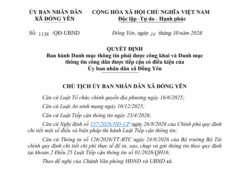 Số:  1138/QĐ-UBND QUYẾT ĐỊNH  Ban hành Danh mục thông tin phải được công khai và Danh mục   thông tin công dân được tiếp cận có điều kiện của   Ủy ban nhân dân xã Đồng Yên 