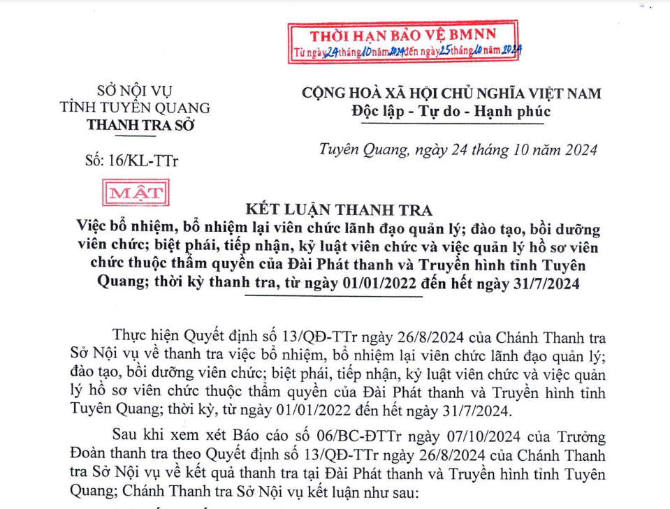 Kết luận thanh tra Đài Phát thanh và Truyền hình tỉnh