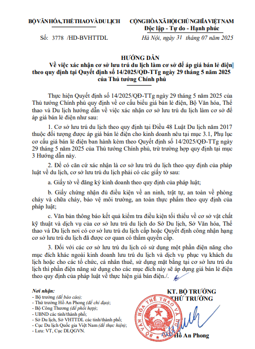 Hướng dẫn xác nhận cơ sở lưu trú du lịch để áp dụng giá điện kinh doanh theo quy định mới