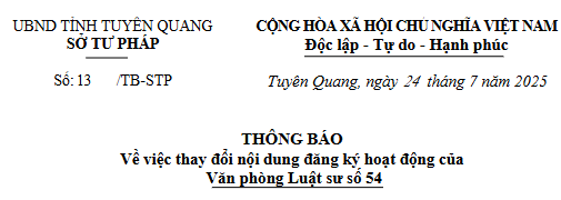 Thông báo thay đổi nội dung đăng ký hoạt động của Văn phòng Luật sư số 54