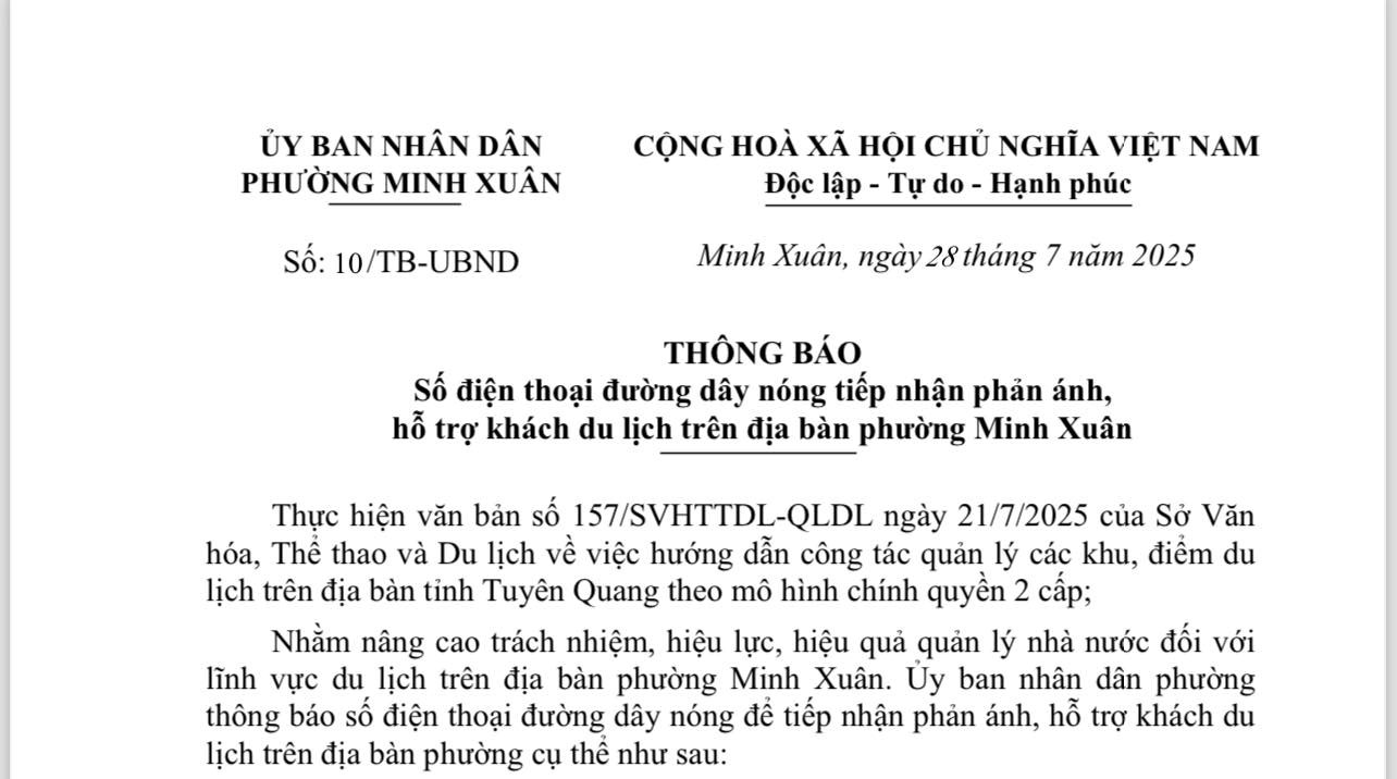 THÔNG BÁO Số điện thoại đường dây nóng tiếp nhận phản ánh, hỗ trợ khách du lịch trên địa bàn phường Minh Xuân