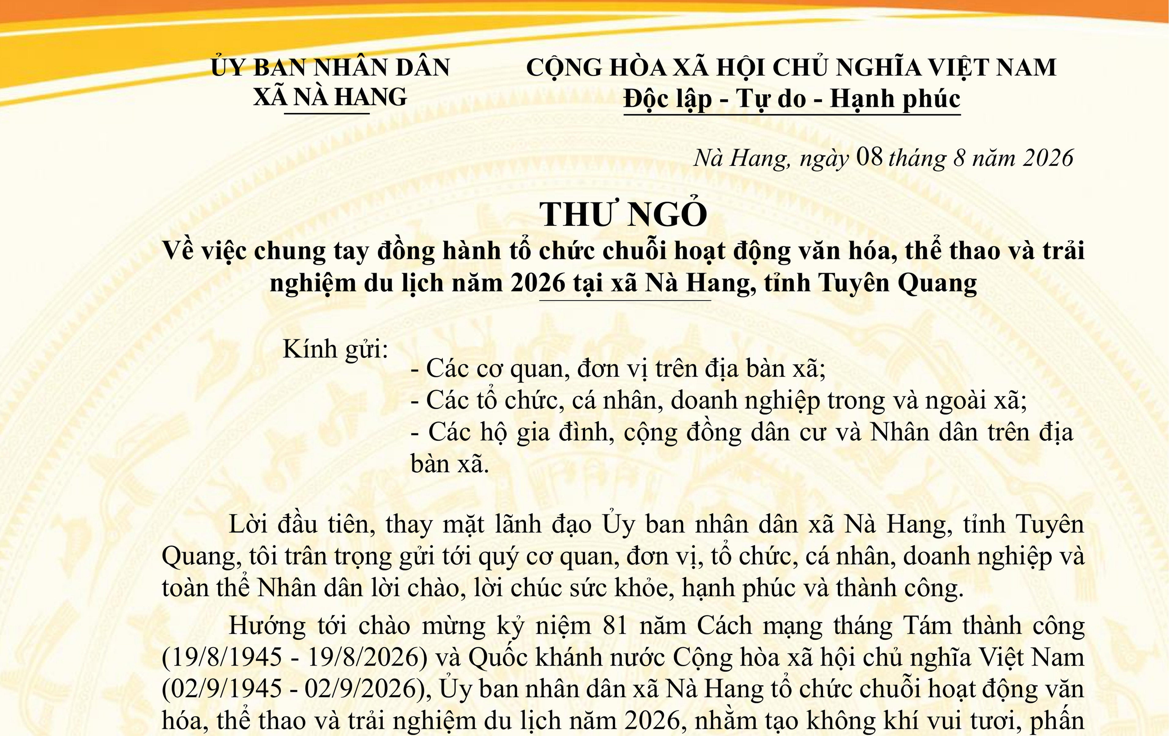Thư ngỏ về việc chung tay đồng hành tổ chức chuỗi hoạt động văn hóa, thể thao và trải nghiệm du lịch năm 2026 tại xã Nà Hang