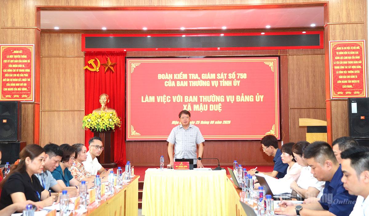 Đoàn kiểm tra, giám sát của Ban Thường vụ Tỉnh ủy làm việc với Đảng ủy xã mậu Duệ