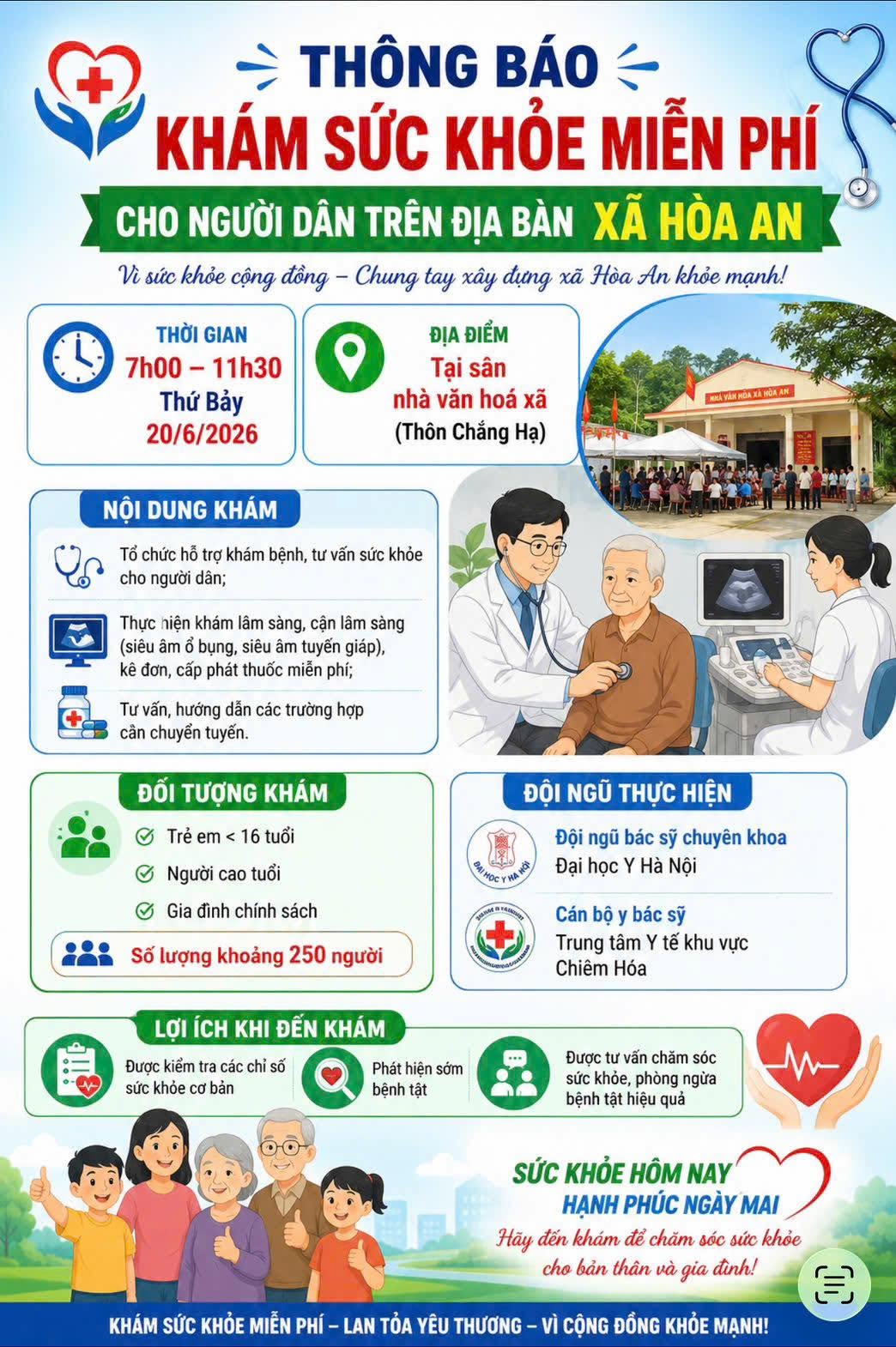 THÔNG BÁO: Chương trình khám sức khẻo, tư vấn, cấp phát thuốc miễn phí cho người dân xã Hòa An