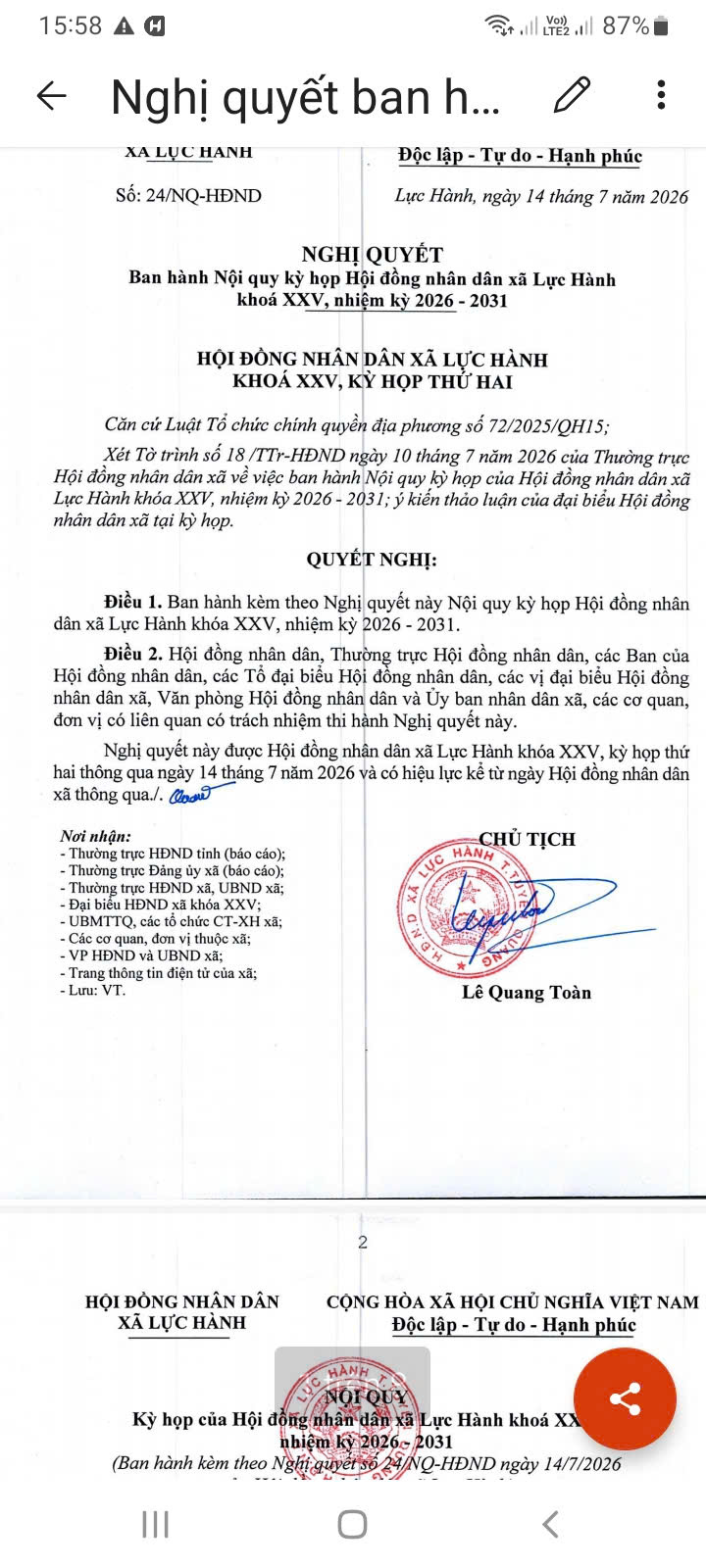 NGHỊ QUYẾT Ban hành Nội quy kỳ họp Hội đồng nhân dân xã Lực Hành khoá XXV, nhiệm kỳ 2026 - 2031