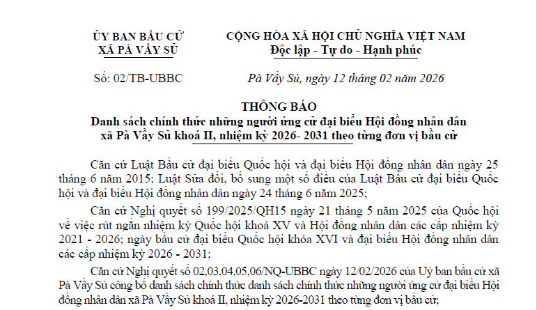 Thông báo danh sách chính thức những người ứng cử đại biểu Hội đồng nhân dân xã Pà Vầy Sủ khoá II, nhiệm kỳ 2026- 2031 theo từng đơn vị bầu cử