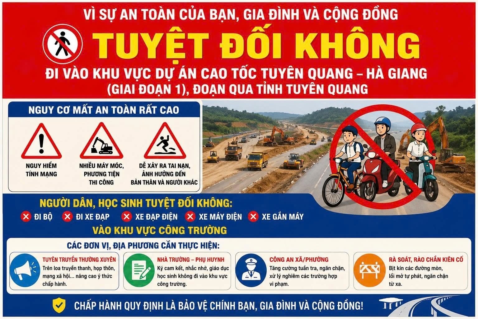 Người dân tuyệt đối không vào khu vực đang thi công Cao tốc Tuyên Quang - Hà Giang để đảm bảo an toàn cũng như tiến độ thi công xây dựng.