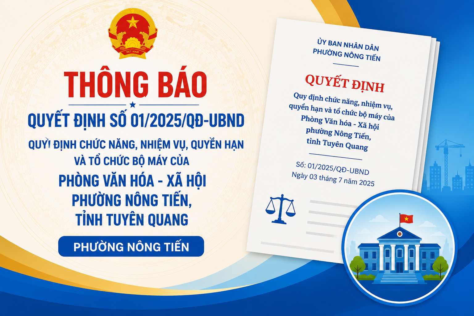 Thông báo Quyết định số 01/QĐ-UBND về chức năng, nhiệm vụ, quyền hạn và tổ chức bộ máy của Phòng Văn hóa - Xã hội phường Nông Tiến