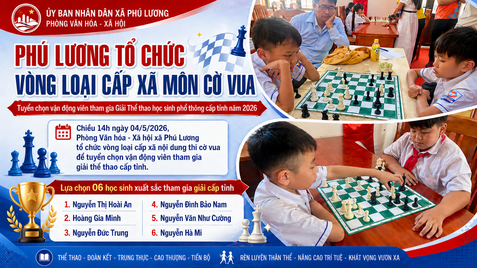PHÚ LƯƠNG TỔ CHỨC VÒNG LOẠI CẤP XÃ MÔN CỜ VUA, TUYỂN CHỌN HỌC SINH THAM GIA GIẢI THỂ THAO HỌC SINH PHỔ THÔNG CẤP TỈNH NĂM 2026