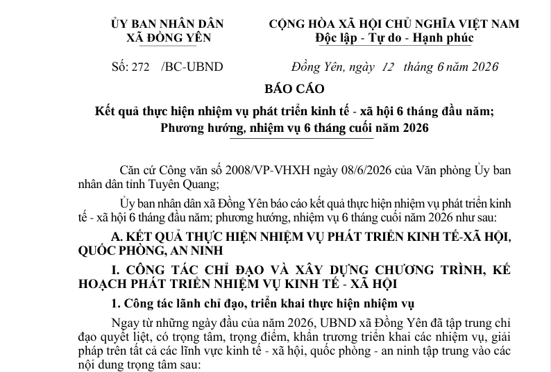 Số:272/BC-UBND  BÁO CÁO  Kết quả thực hiện nhiệm vụ phát triển kinh tế - xã hội 6 tháng đầu năm;  Phương hướng, nhiệm vụ 6 tháng cuối năm 2026 