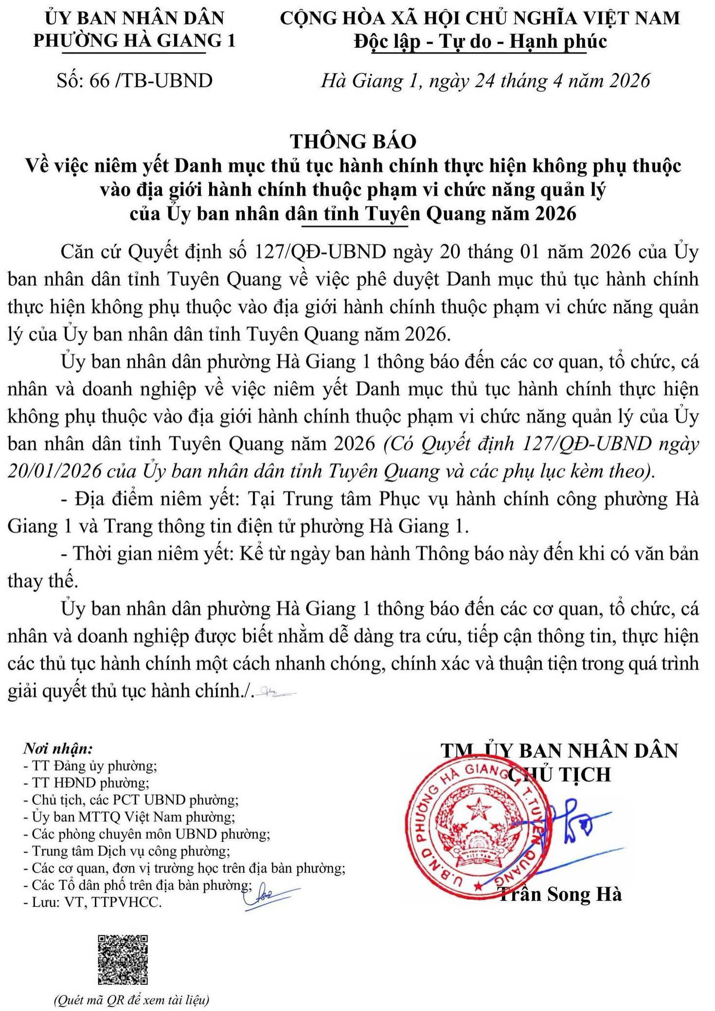THÔNG BÁO - Về việc niêm yết Danh mục thủ tục hành chính thực hiện không phụ thuộc vào địa giới hành chính thuộc phạm vi chức năng quản lý của Ủy ban nhân dân tỉnh Tuyên Quang năm 2026