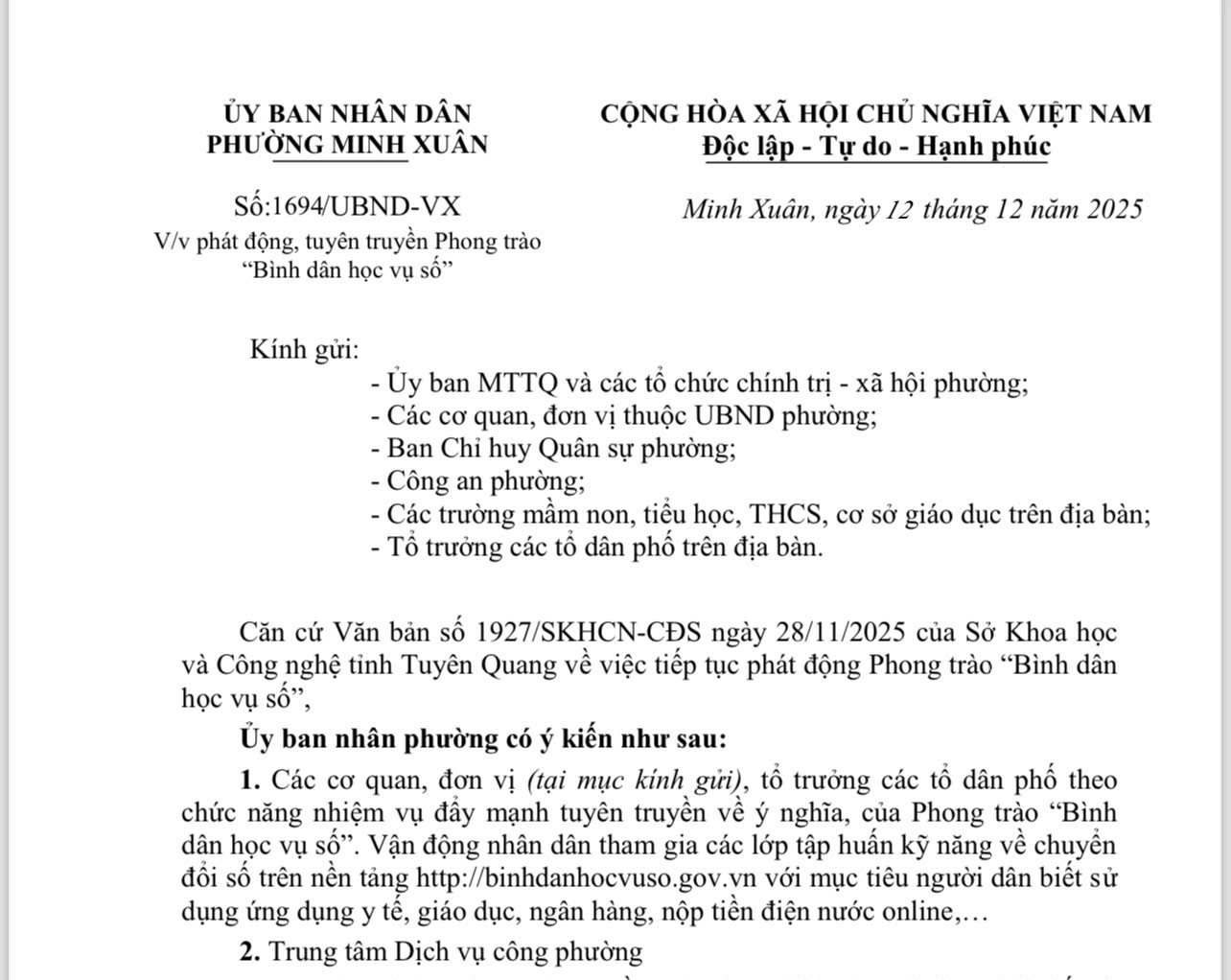 Ủy ban nhân dân phường Minh Xuân vừa ban hành văn bản số 1694  về việc phát động, tuyên truyền Phong trào “ Bình dân học vụ số”