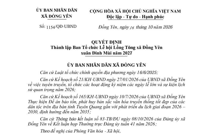 Số: 1154/QĐ-UBND QUYẾT ĐỊNH    Thành lập Ban Tổ chức Lễ hội Lồng Tông xã Đồng Yên   xuân Đinh Mùi năm 2027 