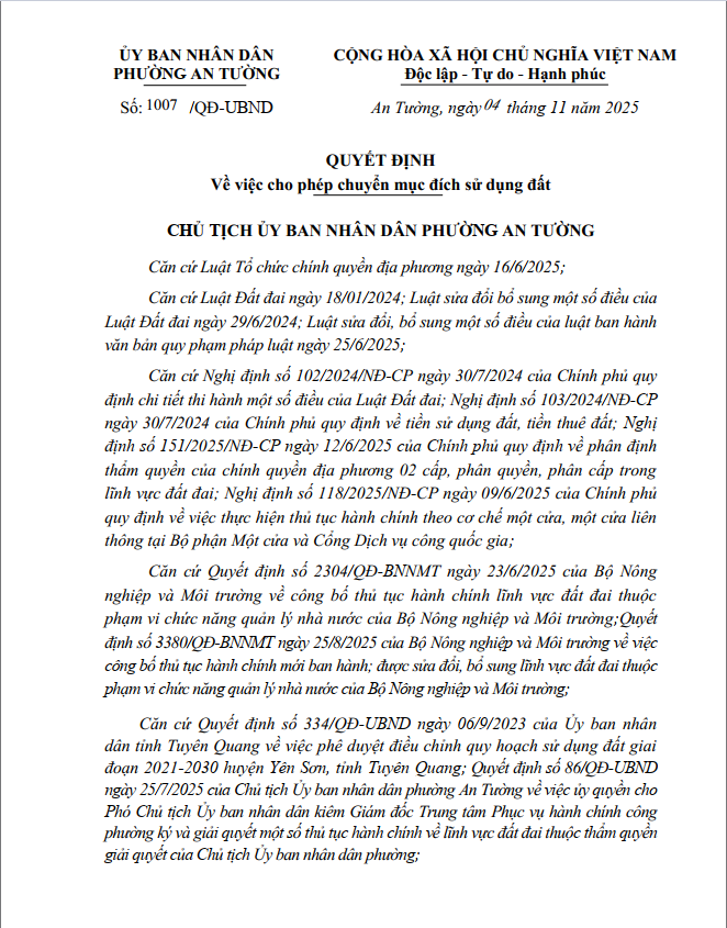 QUYẾT ĐỊNH VỀ VIỆC CHO PHÉP CHUYỂN MỤC ĐÍCH SỬ DỤNG ĐẤT CHO ÔNG VŨ VĂN CƯƠNG - ĐỊA CHỈ TỔ DÂN PHỐ YÊN LỘC, PHƯỜNG AN TƯỜNG, TỈNH TUYÊN QUANG