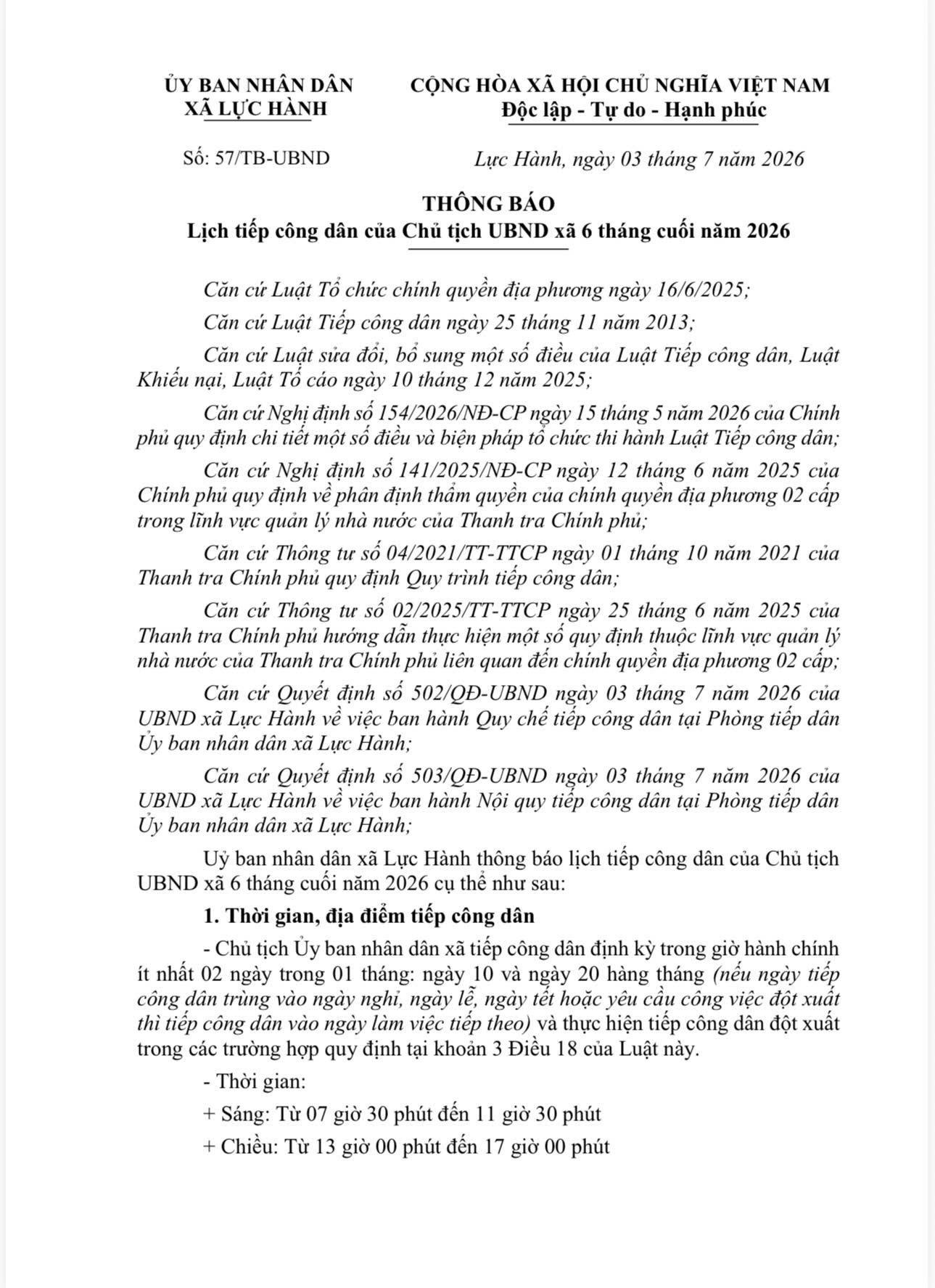 Thông báo số 57/TB-UBND của UBND xã Lực hành về Lịch tiếp công dân của Chủ tịch UBND xã 6 tháng cuối năm 2026 