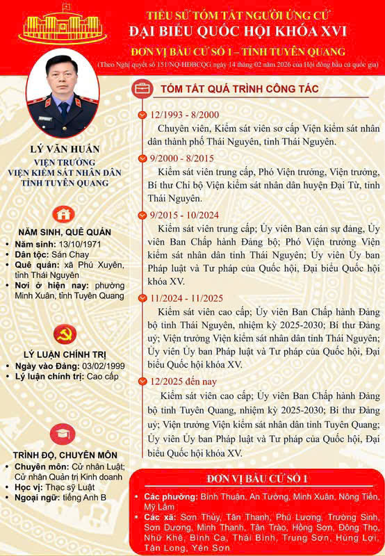 Trân trọng giới thiệu tiểu sử tóm tắt của đồng chí Lý Văn Huấn, Viện Trưởng viện kiểm sát nhân dân tỉnh Tuyên Quang, ứng cử đại biểu Quốc hội, khóa XVI, nhiệm kỳ 2026–2031.