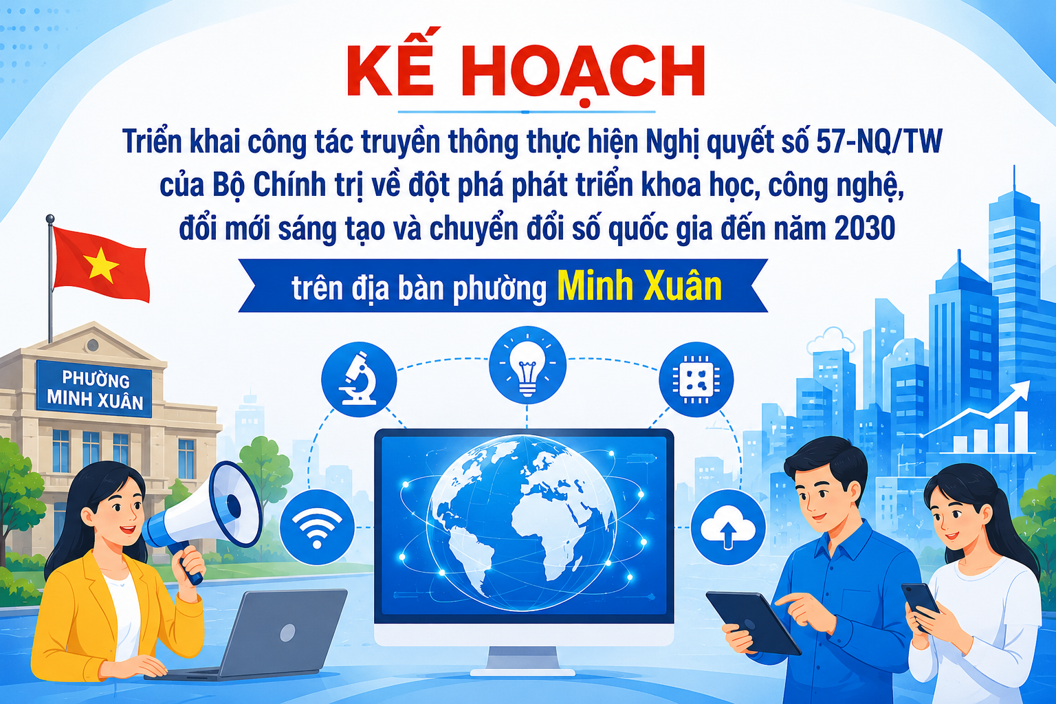 KẾ HOẠCH Triển khai công tác truyền thông thực hiện Nghị quyết số 57-NQ/TW của Bộ Chính trị về đột phá phát triển khoa học, công nghệ, đổi mới sáng tạo và chuyển đổi số quốc gia đến năm 2030 trên địa bàn phường Minh Xuân