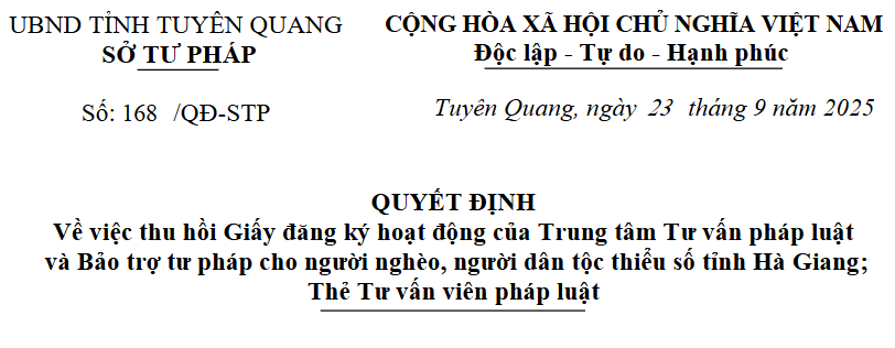 Quyết định số 168/QĐ-STP ngày 23/9/2025 của Giám đốc Sở Tư pháp