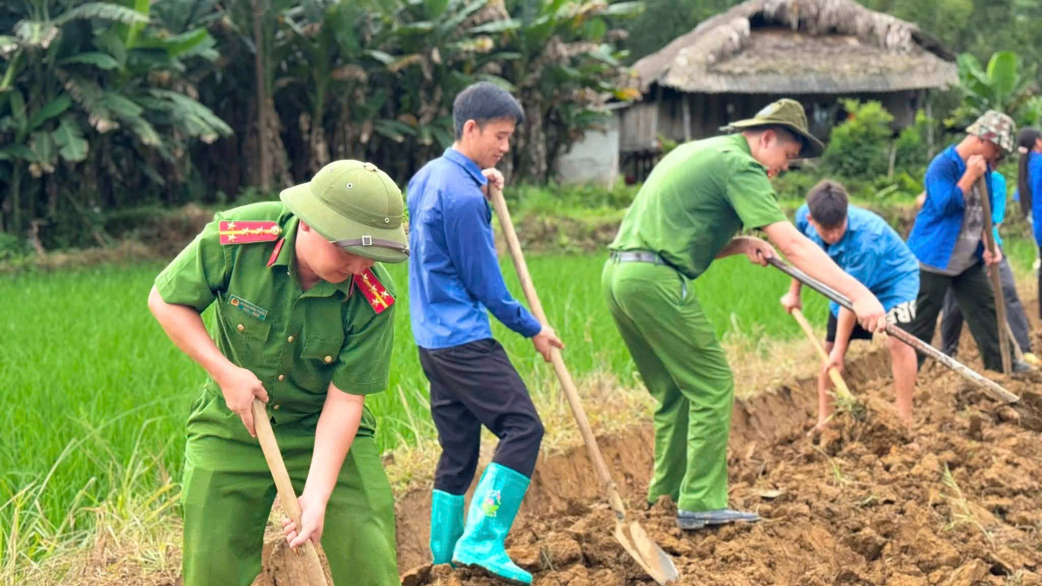 ĐOÀN VIÊN, THANH NIÊN CÔNG AN XÃ BẠCH NGỌC CHUNG TAY HỖ TRỢ GIA ĐÌNH THƯƠNG BINH CẢI TẠO RUỘNG SẢN XUẤT